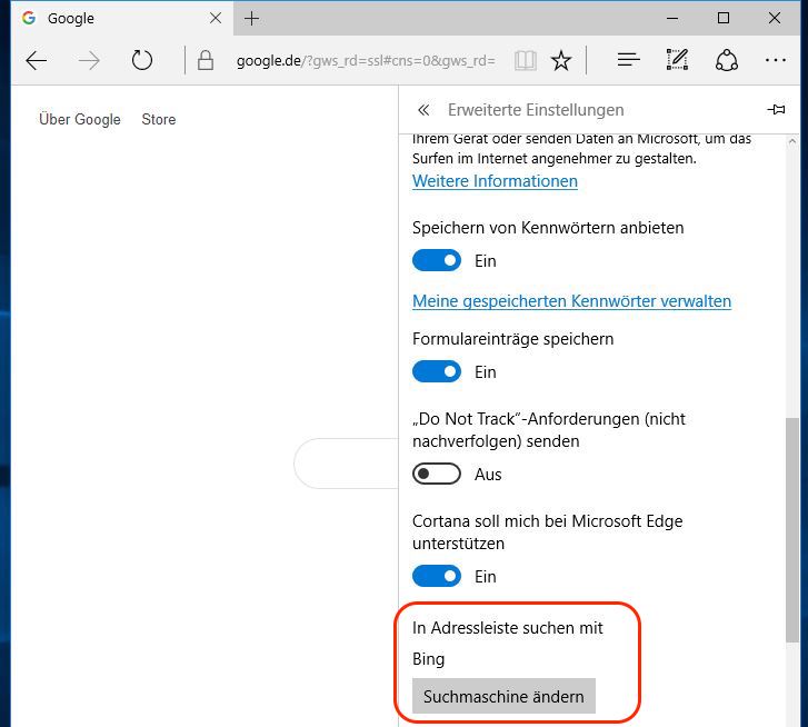 Microsoft 10 Edge Suchmaschine ändern