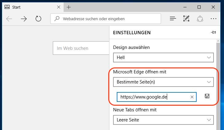 Startseite in Edge ändern