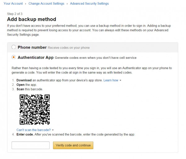 Amazon Zwei-Faktor-Authentifizierung Bachup Methode ...