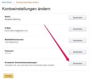 Amazon erweiterte Sicherheitseinstellungen