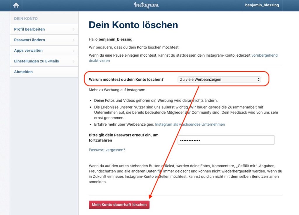 Instagram Account löschen im Browser