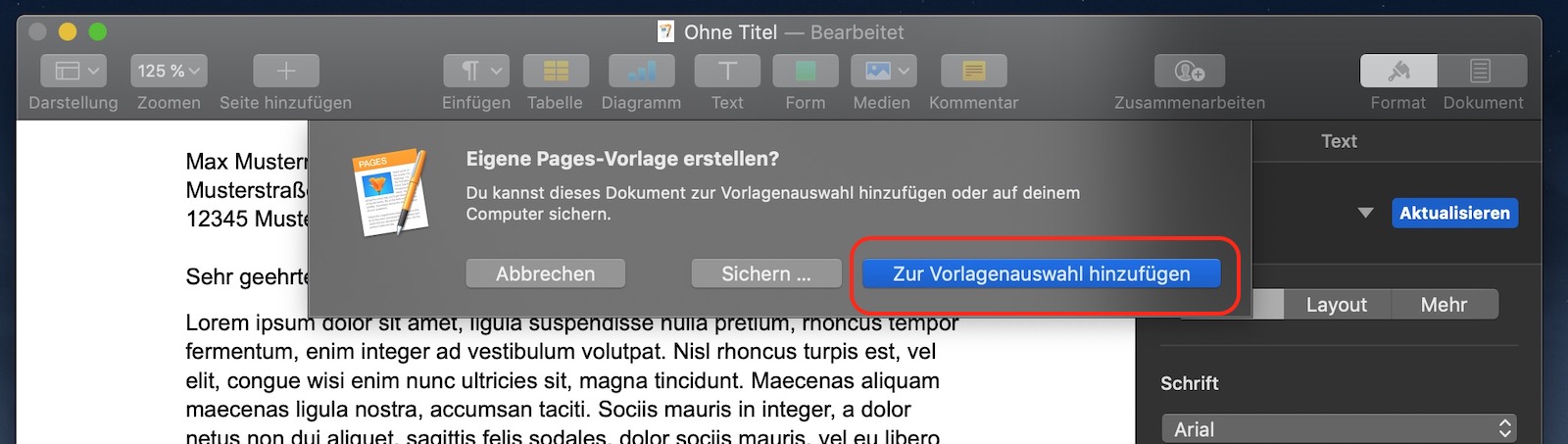 Briefvorlage in Apple Pages speichern - RandomBrick.de