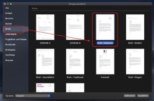 Pages Vorlage für Brief auswählen