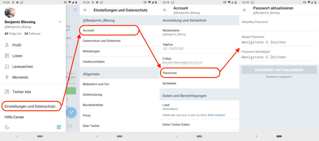 Twitter Passwort in App ändern