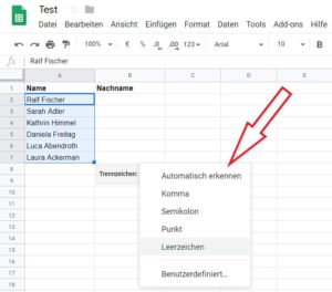 Google Tabellen - Text in Spalten aufteilen