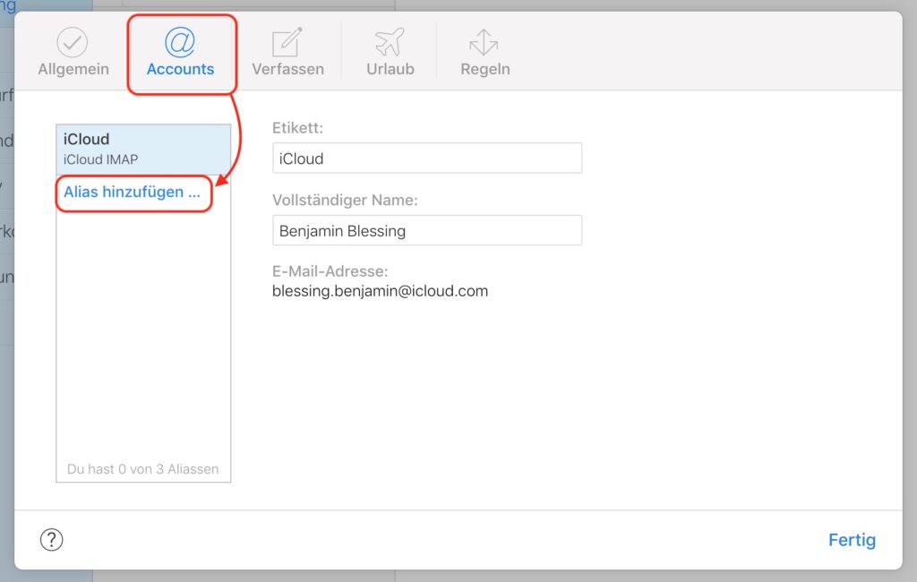 iCloud.com Aliasse hinzufügen