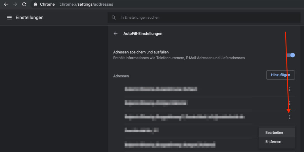 Google Chrome AutoFill Adressen löschen