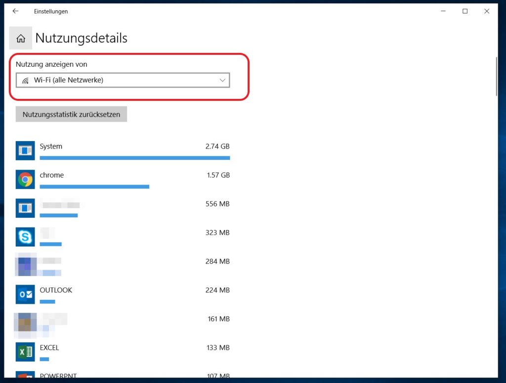 Windows 10 Datennutzung pro Anwendung