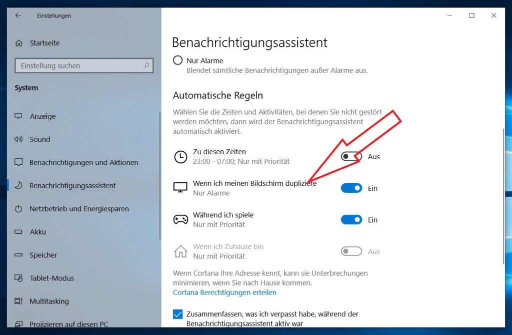 Windows 10 Benachrichtigungsassistent einrichten